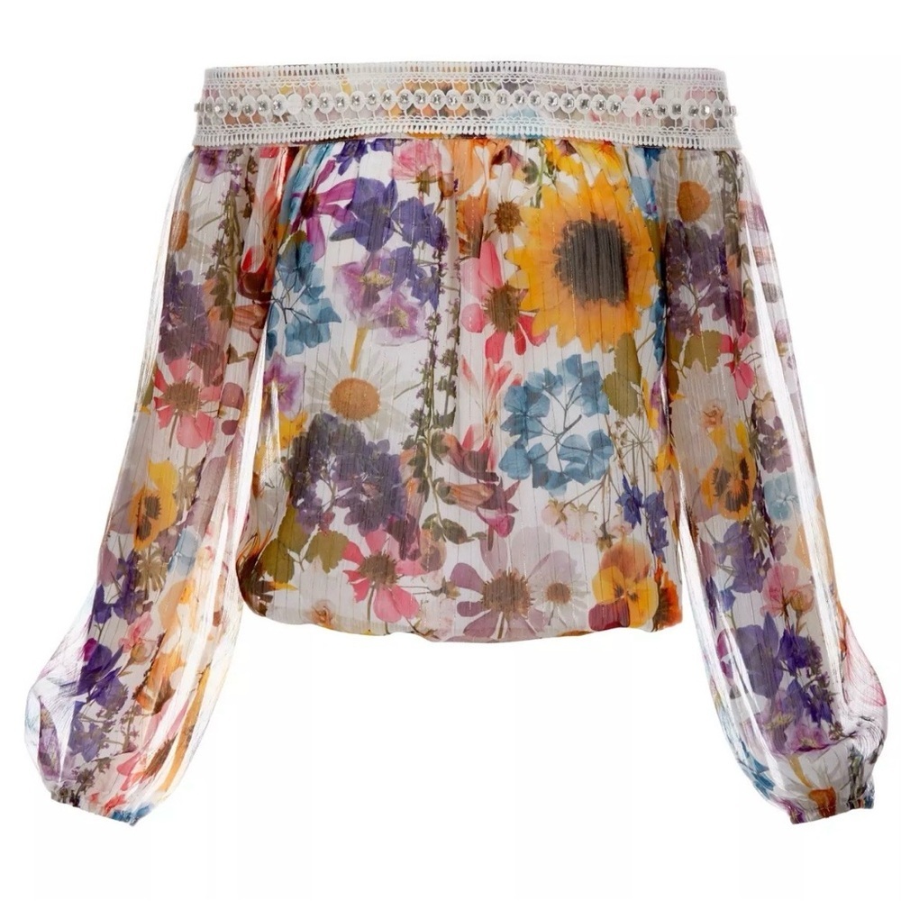 New Boston Proper Off Shoulder Embellished Blouse Floral